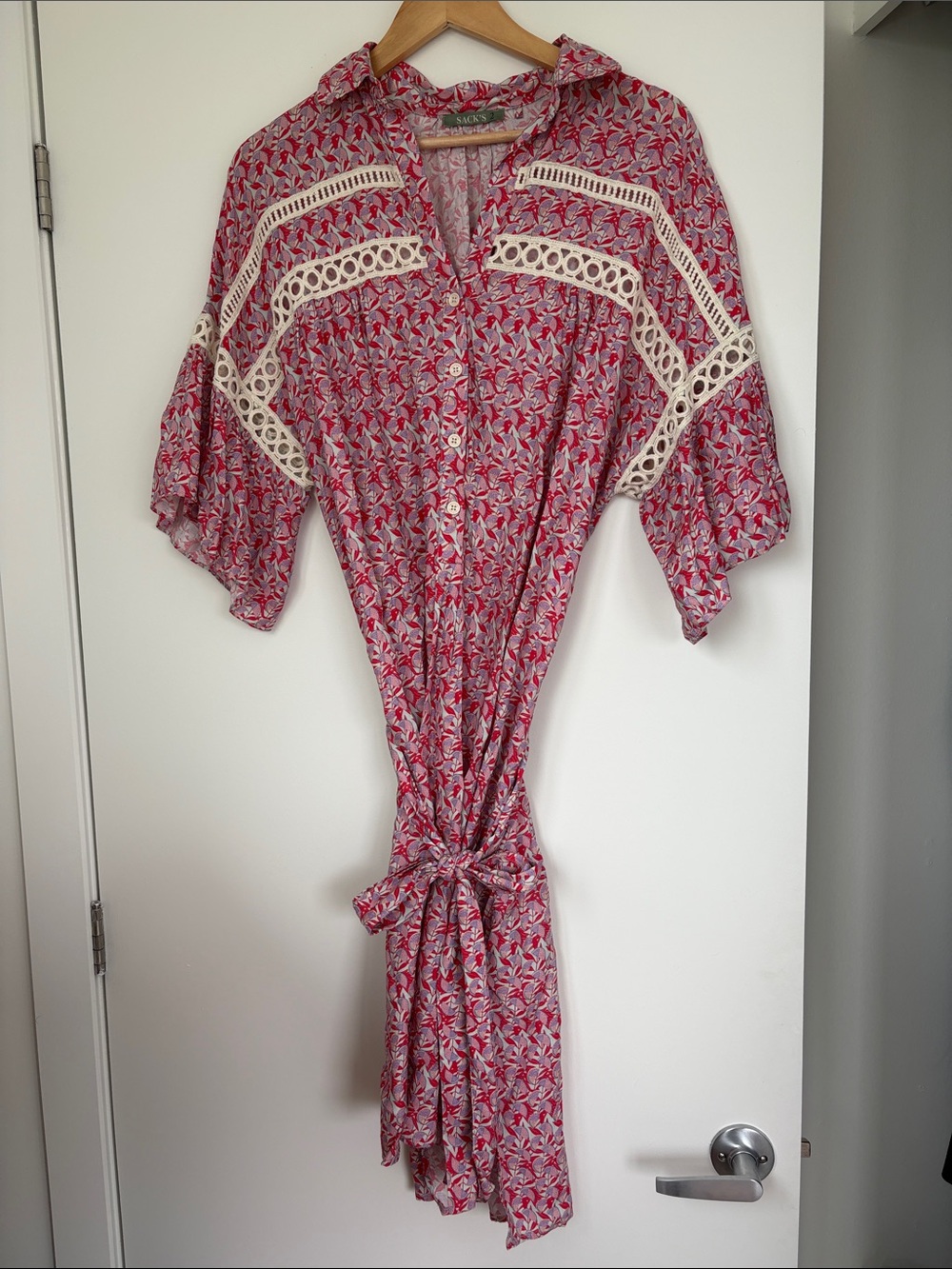 Boho Red Floral Button-Front Midi Dress with Lace Trim